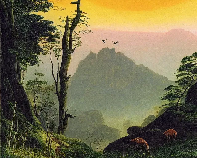 Prompt: nature and wildlife scene in brasil, mountains, village, forest, river, synthwave colors, painted by Caspar David Friedrich