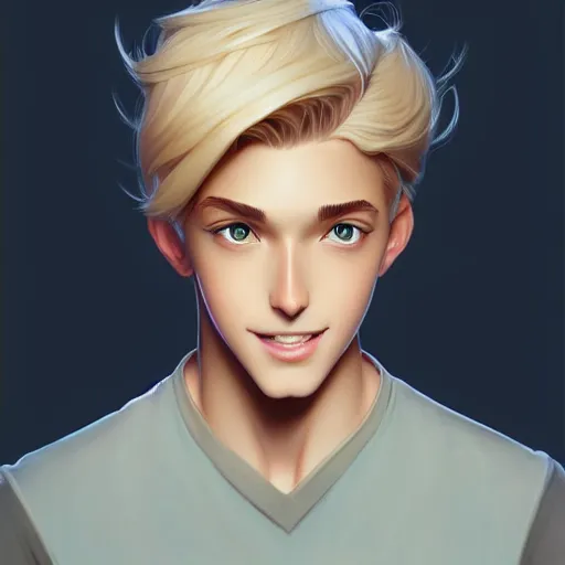 Prompt: young man with short, ash blond hair, path traced, highly detailed, high quality, digital painting, by don bluth and ross tran and studio ghibli and alphonse mucha, artgerm, 4 k, fantasy painting, pixar animation style, rossdraws, wlop, sylvain sarrailh