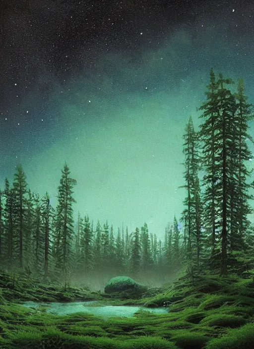 Prompt: Detailed green star sky finnish forrest, moon, lake, 3d octane render, realistic, detailed, highly detailed, hyper detailed, high definition, extremely detailed oil painting, unreal 5 render, rhads, Bruce Pennington, Studio Ghibli, tim hildebrandt, digital art, octane render, beautiful composition, trending on artstation, award-winning photograph, masterpiece