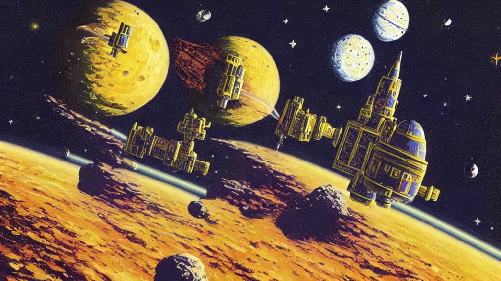 Image similar to a castle in outer space in the style of chris foss and rodger dean