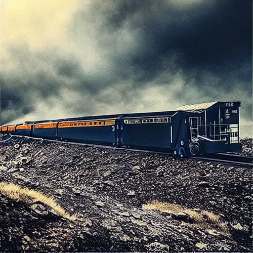 Prompt: “8k photograph of a train at the end of the world. Apocalyptic. National Geographic. Realistic.”