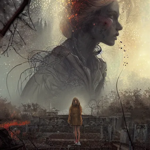 Image similar to a girl in chernobyl disneyland, disneyland castle, wasteland, forest fires light, digital illustration, by android jones and greg rutkowski, dark cloudy skies, detailed, cinematic lighting, wide angle action dynamic portrait