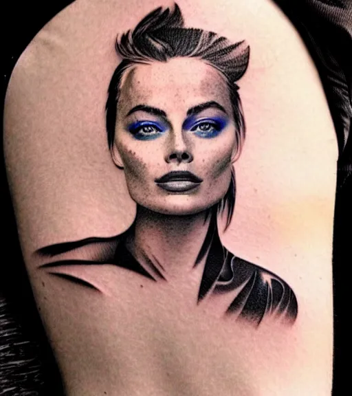 Image similar to beautiful durrealist double exposure tattoo sketch of margot robbie and beautiful mountains mash up, in the style of matyas csiga halasz, amazing detail, sharp