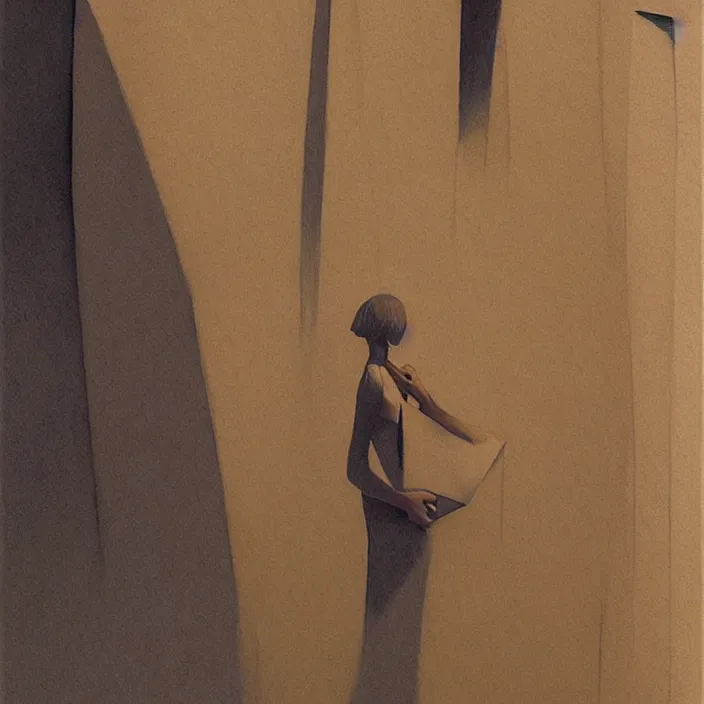 Prompt: beautiful female paper bags, artstation, art by, , edward hopper, Zdzislaw Beksinski, highly detailed