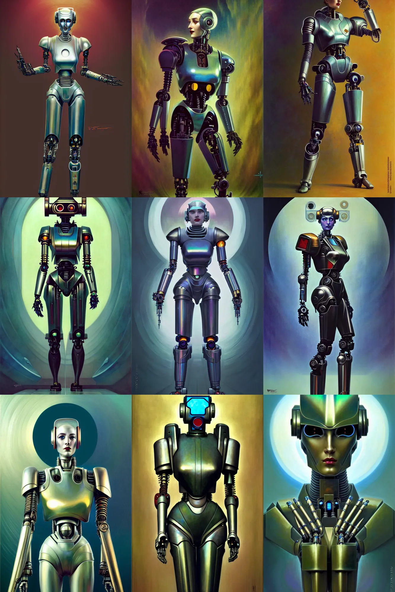 Prompt: fullbody or portrait, simple futurist cyborg empress, warhammer 4 0 k, perfect future, award winning art by gerald brom and syd mead, iridescent color palette, beautiful face, by wlop and karol bak and bouguereau and viktoria gavrilenko, 1 9 5 0 s retro future robot android. muted colors