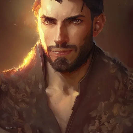 Prompt: male adventurer, painted fantasy character portrait, headshot, fantasy, highly detailed, digital painting, artstation, concept art, sharp focus, illustration, art by artgerm and greg rutkowski and alphonse mucha