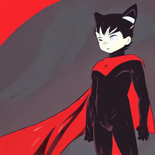 Prompt: little boy with cat ears in an black latex suit with red cape. digital artwork made by lois van baarle and kentaro miura, sharpness focus, inspired by hirohiko araki, anatomically correct, heroic composition, hero pose, dark city