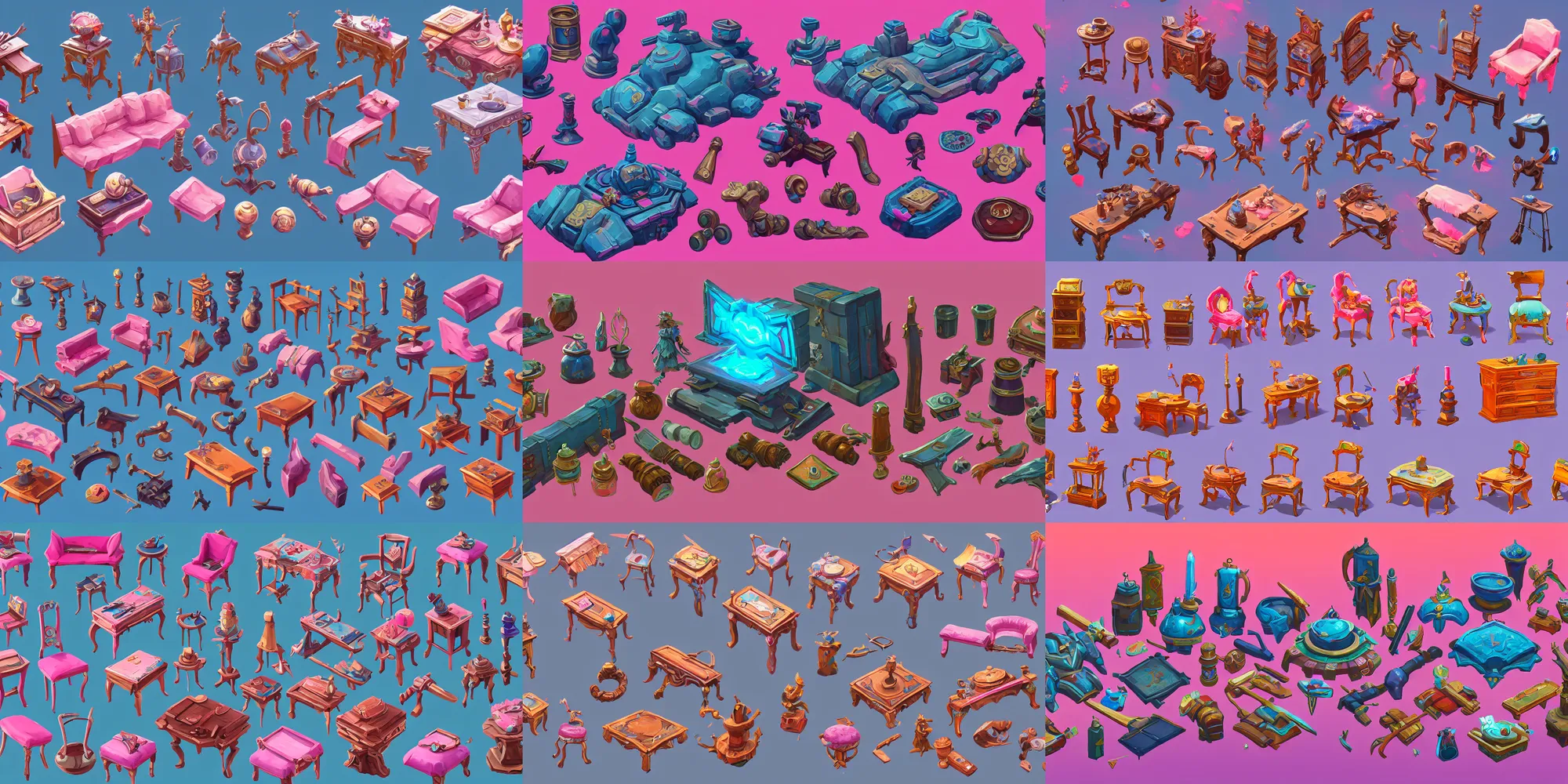 Prompt: game asset of furnitures with ornaments, in gouache detailed paintings, props, stylized, 2 d sprites, kitbash, arcane, overwatch, blue and pink color scheme, 8 k, close up