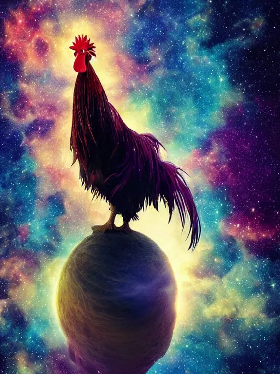 Image similar to a lone giant majestic rooster, centered, floating in space, center of the universe, \ galaxy cosmic nebula, epic, volumetric light, hyperrealistic, glitter, mega detailed, beautiful composition, beautiful lighting, unreal render, 4 k, vincent di fate, john berkey, michael whelan