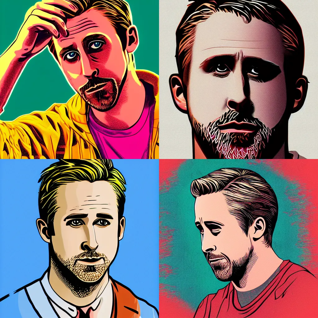 Prompt: ryan gosling, accurate anatomy, highly detailed, digital art, centered, portrait, colored vibrantly, in the style of hotline miami
