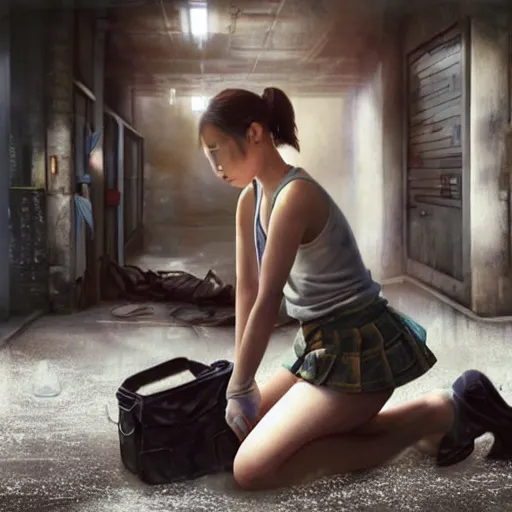 Image similar to perfect, realistic oil painting of japanese schoolgirl kneeling, in sci-fi dystopian alleyway, by an American professional senior artist, Hollywood concept, dynamic composition and motion, postproduction.