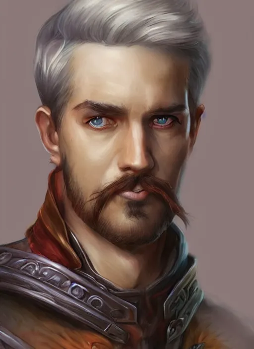 Image similar to young man with short white hair and moustache, dndbeyond, bright, colourful, realistic, dnd character portrait, full body, pathfinder, pinterest, art by ralph horsley, dnd, rpg, lotr game design fanart by concept art, behance hd, artstation, deviantart, hdr render in unreal engine 5