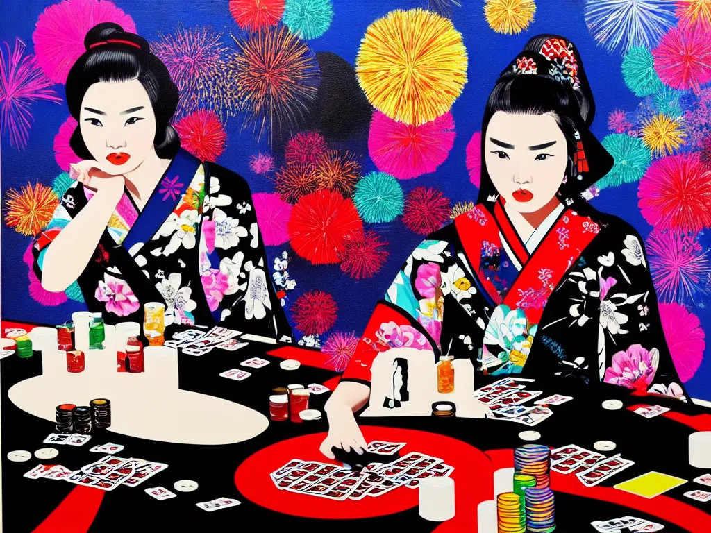 Image similar to hyperrealistic composition of the detailed woman in a japanese kimono sitting at a poker table with detailed darth vader, fireworks, beautiful mountain in the background, pop - art style, jacky tsai style, andy warhol style, acrylic on canvas