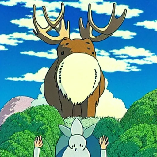 Image similar to \'Moose God\' by Studio Ghibli, now considered by art critics to be one of the most iconic and beautiful pieces of art in the 21st century