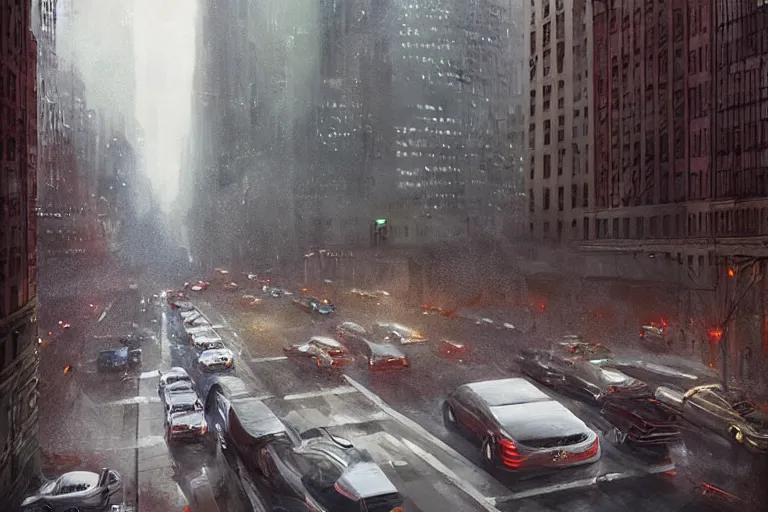 Image similar to beautiful matte painting of boy looking from his window on traffic jam on the streets of neo new york by greg rutkowski