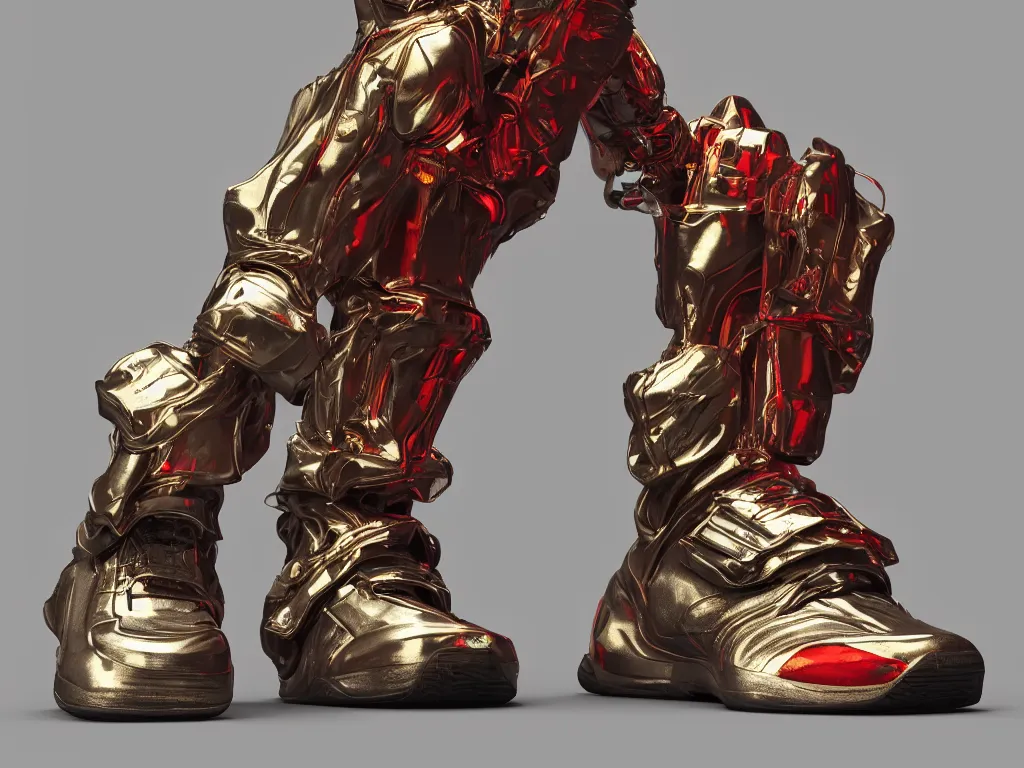 Image similar to realistic 3 d render of a sculpture of a cyberpunk sneaker, beautiful studio lighting, soft, sharp focus, neon cyberpunk highlights, intricate detail, gold and red accents, soft rubber, octane render, wide angle, trending on artstation, deviantart, art by syd mead and issey miyake