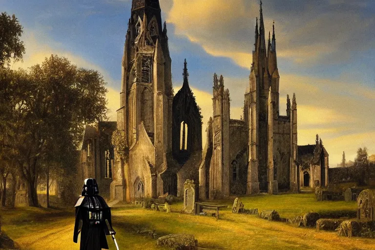 Image similar to a detailed oil painting of darth vader leaving a quaint medieval flint church, english, churchyard, trees, golden hour, lead - covered spire, realistic