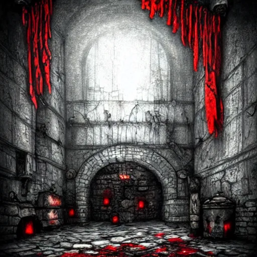 Image similar to art of a dark and desolate stone dungeon with red tattered tapestry, chains dangling from the ceiling, lit by medieval wall torches, grim and gritty, style of dark souls, high contrast, moody