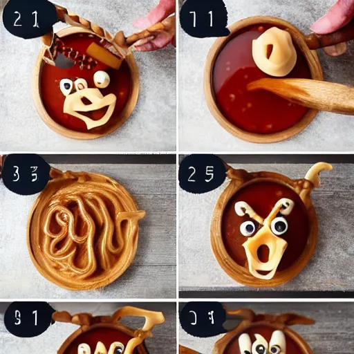 Prompt: making of an edible giraffe from noodles and soy sauce in 4 steps, each step is a progression from the last, from the beautiful'how to make food art step by step collection ', dslr