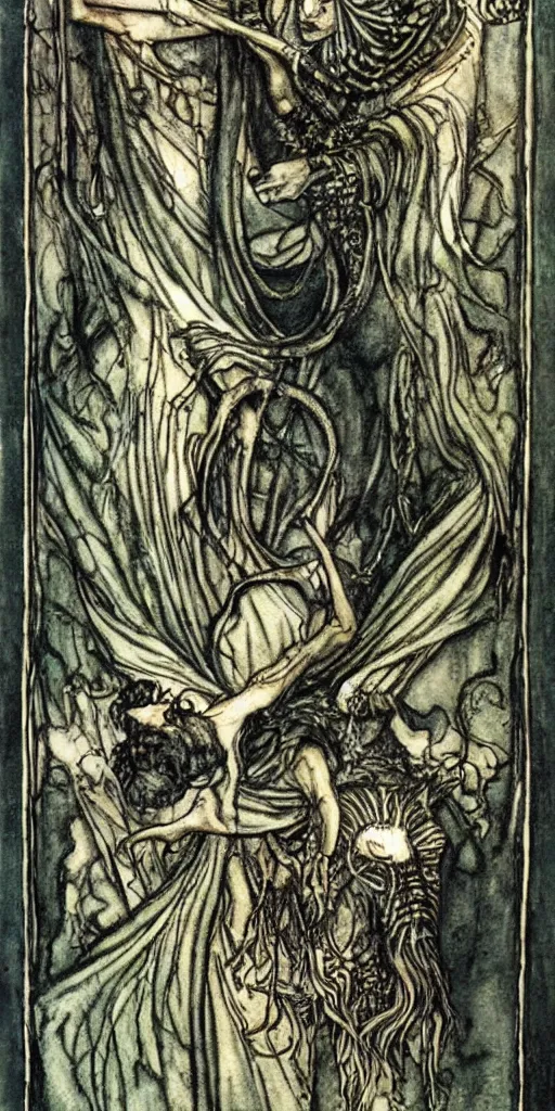 Prompt: tarot card detailed painting, illustration, tarot card framing with roman numbers, in style of Arthur Rackham