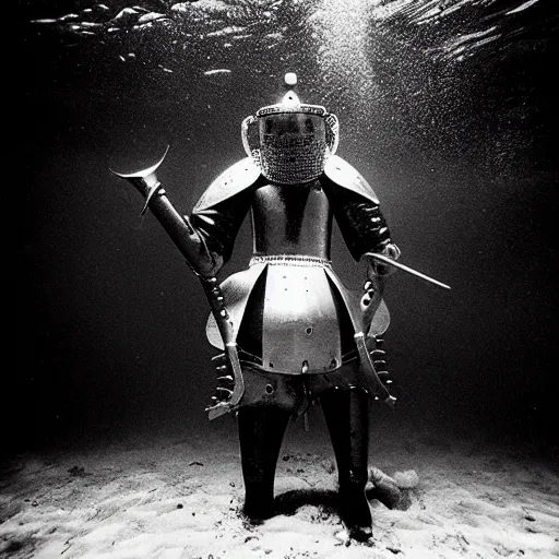 Image similar to Underwater photo of a medieval knight by Trent Parke, clean, detailed, Magnum photos