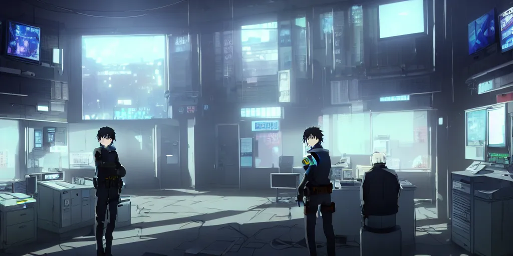 Image similar to an empty after hours cyberpunk police police office in the cyberpunk anime film, Shichiro Kobayashi, screenshot in the anime series ergo proxy ergo proxy and Detroit metal city, interior