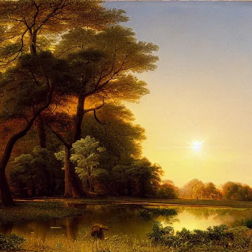 Image similar to a calm meadow, picnic, harmony of nature, infinite dawn, angelic light, sparkling dew, by asher brown durand, by iyoshitaka amano