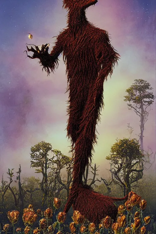 Image similar to Artwork by Tim White of Abe the Forgotten Beast, A towering humanoid composed of rose gold, with a gaunt appearance and a matted grey fur