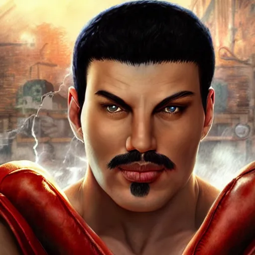 Image similar to freddy mercury as ryu street fighter, portrait, ultra realistic, concept art, intricate details, highly detailed, photorealistic, octane render, 8 k, unreal engine, art by frank frazetta, simon bisley, brom