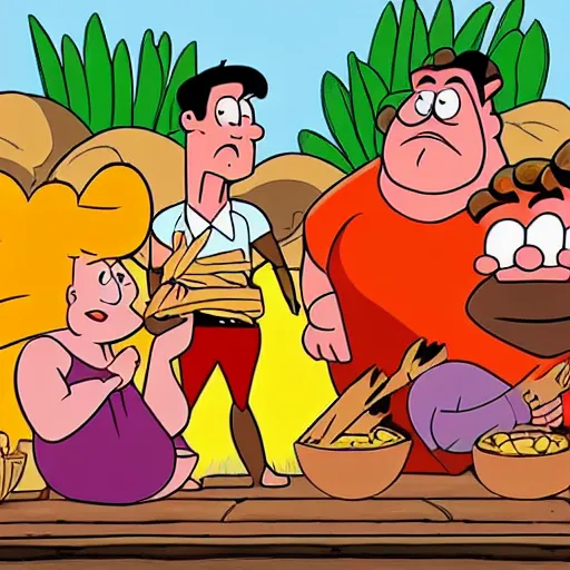 Prompt: The Flintstones eating tamales, animated, by Hanna Barbera