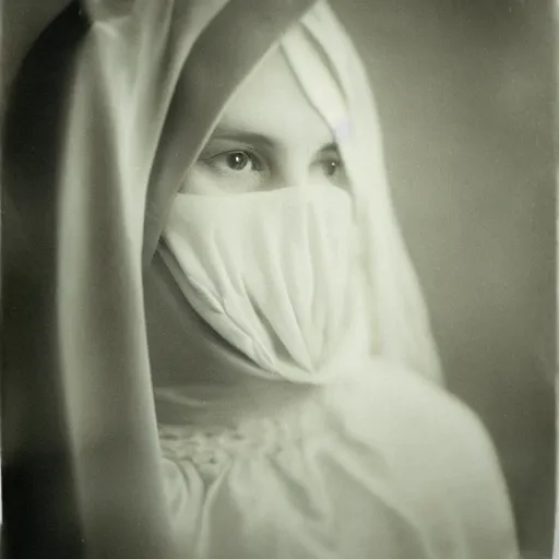 Image similar to filmstill photography of female face covered with white translucent blanket, old victorian room