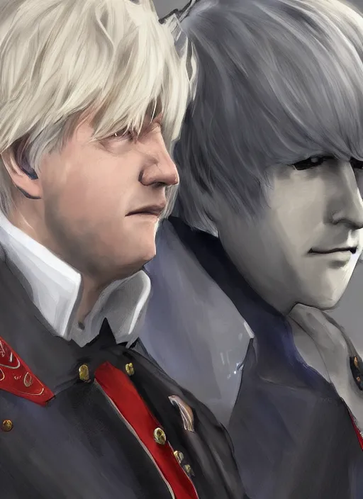 Image similar to Alphinaud Leveilleur meeting Boris Johnson in FF14, digital art