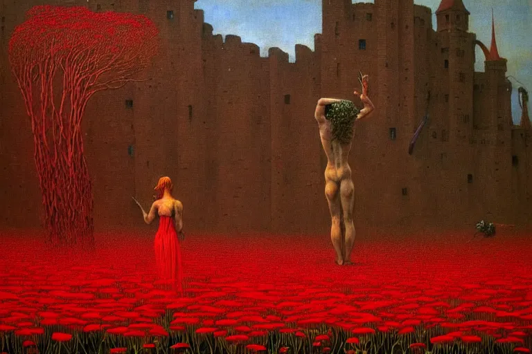 Image similar to only with red, red flowers of different types, a castle in the background, red orcs and trolls dance over the flowers, in the style of beksinski, part by hopper, part by rodcenko, part by hofbauer, intricate composition, red by caravaggio, insanely quality, highly detailed, masterpiece, red light, artstation, 8 k