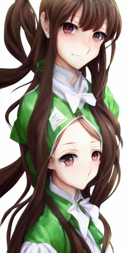 Image similar to beautiful anime high school girl, complete body view, brown hair, ponytail, white ribbon, green eyes, full perfect face, slightly smiling, detailed background, drawn by Artgerm, Sasoura, Satchely, no distorsion