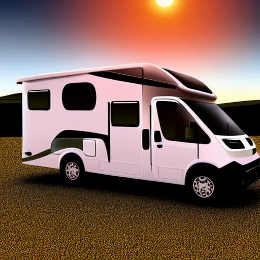 Prompt: stylized minimal vector graphic of a cute class c motorhome driving on a hill in the sunset, all enclosed in a circle, professional minimal graphic design