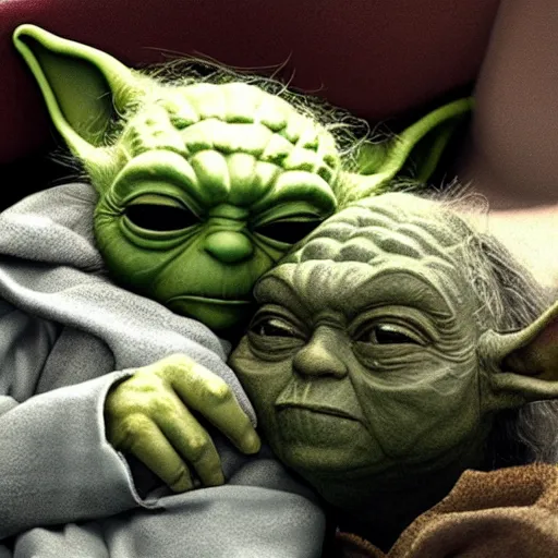 Image similar to yoda and putin sleeping in bed together