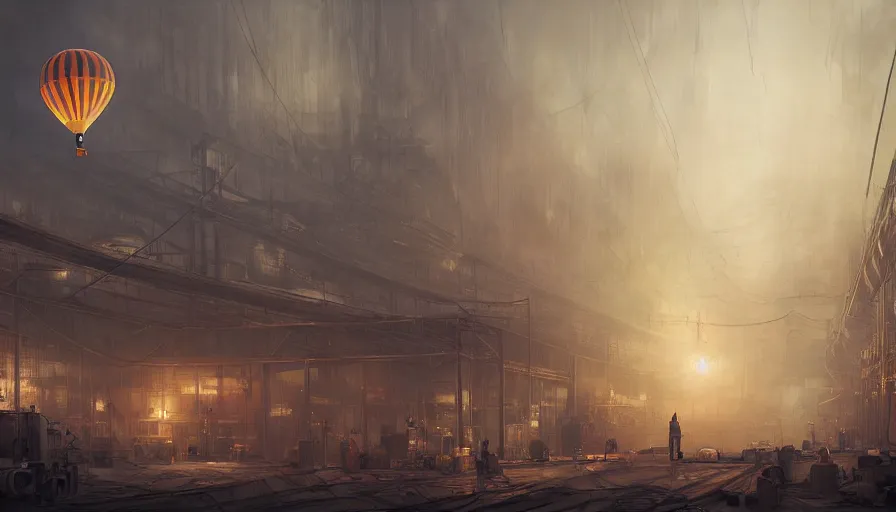 Image similar to Hot air balloon factory plant in a Dieselpunk city, steam, epic composition, intricate, elegant, volumetric lighting, digital painting, highly detailed, artstation, sharp focus, illustration, concept art, ruan jia, steve mccurry