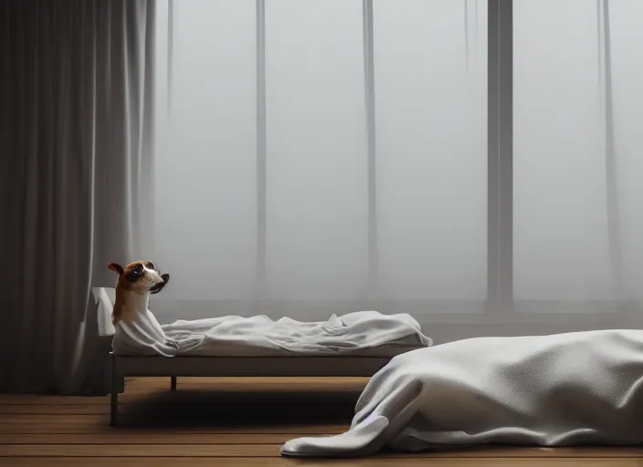 Image similar to photography of a Jack Russel . watching outside the window. on a bed .in a 3d rendered white room. octane render, 3d, foggy, volumetric light, volumetric fog, photorealistic, unreal engine 5, award winning photo, 100mm, sharp, cloth, high res