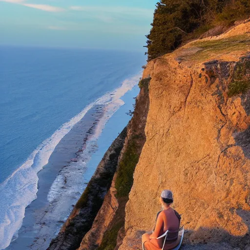 Prompt: a woman sitting on the edge of a cliff watching the sunset