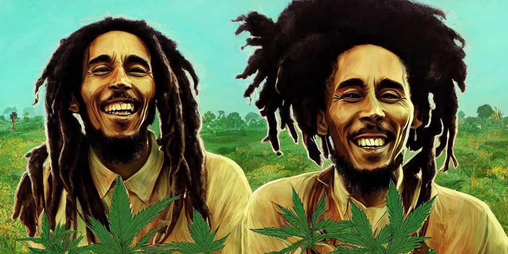 Image similar to bob marley walking though an infinite weed farm digital art, artstation, ultra detailed, beautiful aesthetic art