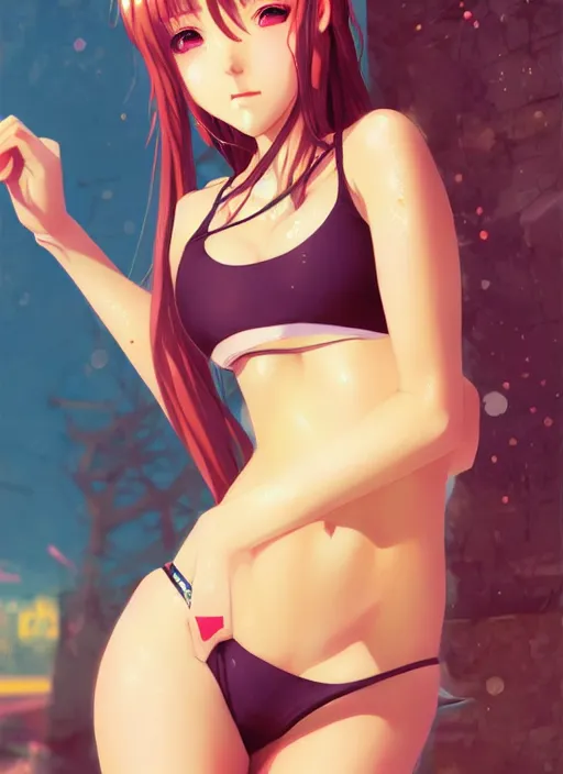 Image similar to portrait of beautiful young anime girl in bikini, cute-fine-face, pretty face, realistic shaded Perfect face, fine details. Anime, cyberpunk, Warhammer, highly detailed, artstation, illustration, art by Ilya Kuvshinov and Gustav Klimt