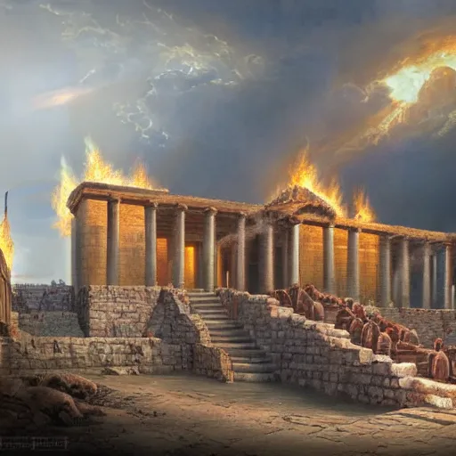 Image similar to a beautiful and realistic matte painting of the Temple of Herod aflame