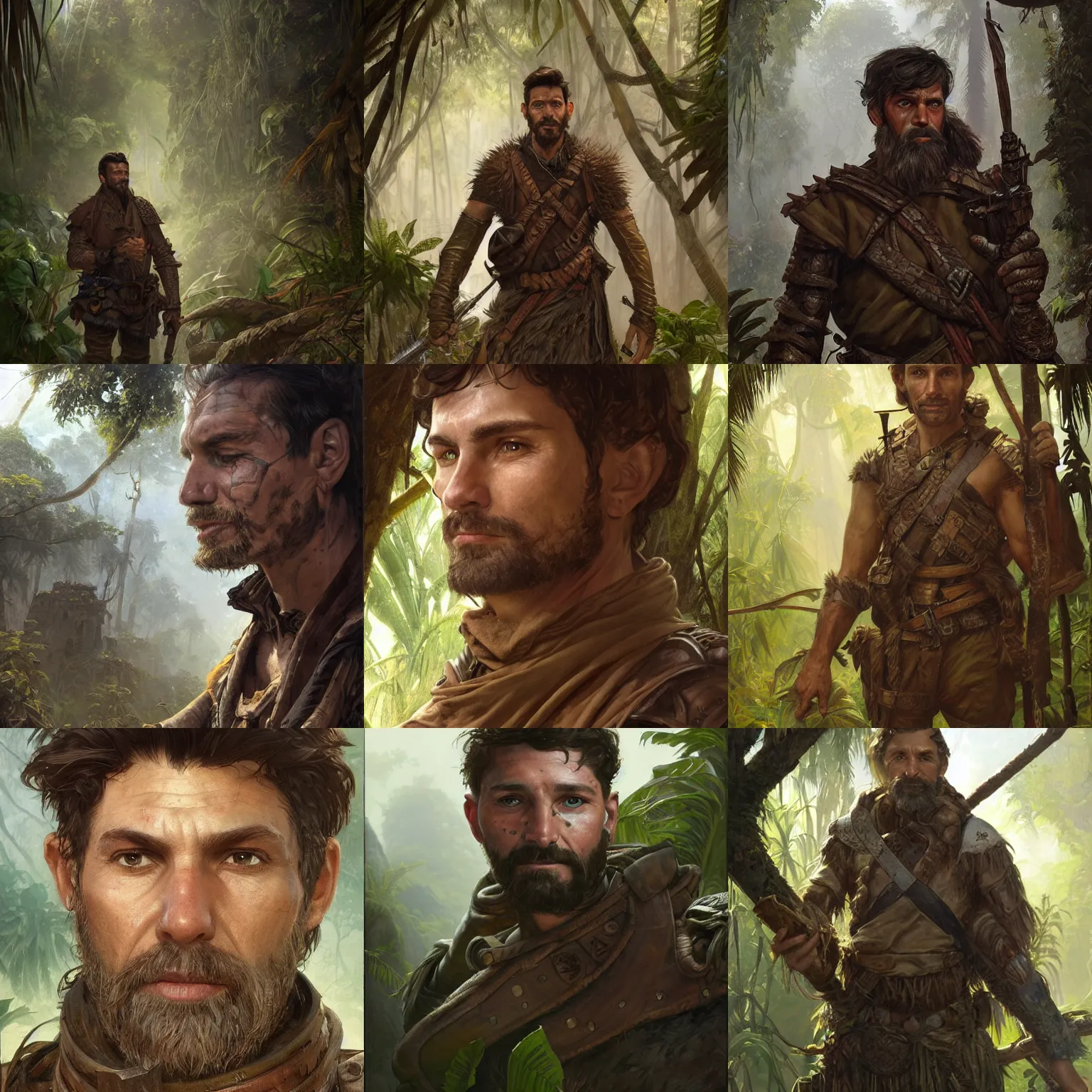 Prompt: portrait of a ruggedly handsome wizard soldier with short brown hair and stubble wearing leather armor exploring an abandoned maya city in the jungle, half body, fantasy, highly detailed, digital painting, artstation, concept art, character art, art by greg rutkowski and tyler jacobson and alphonse mucha