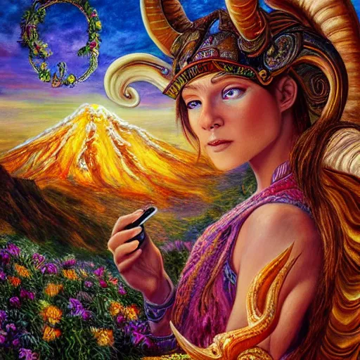 Prompt: painting by senior concept artist josephine wall, horned ram goddess checking her cell phone, erupting volcano and sunset in distance, flowers in foreground, zodiac, fantasy, acrylic on canvas, intricately detailed, highly detailed, high resolution, hdr, 8 k, trending on artstation