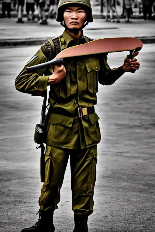 Prompt: vietnam soldier with skateboard, photography, pulitzer style, hyperrealistic, vogue magazine photo style, dynamic composition, intricate, comfort posse, smooth, sharp focus, captured by nikon d 8 5 0, 4 k, full body. by daniel berehulak