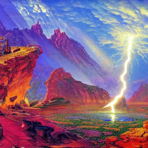 Prompt: lightning landscape mountains waterfall panoramic geometric sacred vibrant colors fantasy 8 k by syd mead, arthur adams, thomas kinkade, john stephens, antoni gaudi