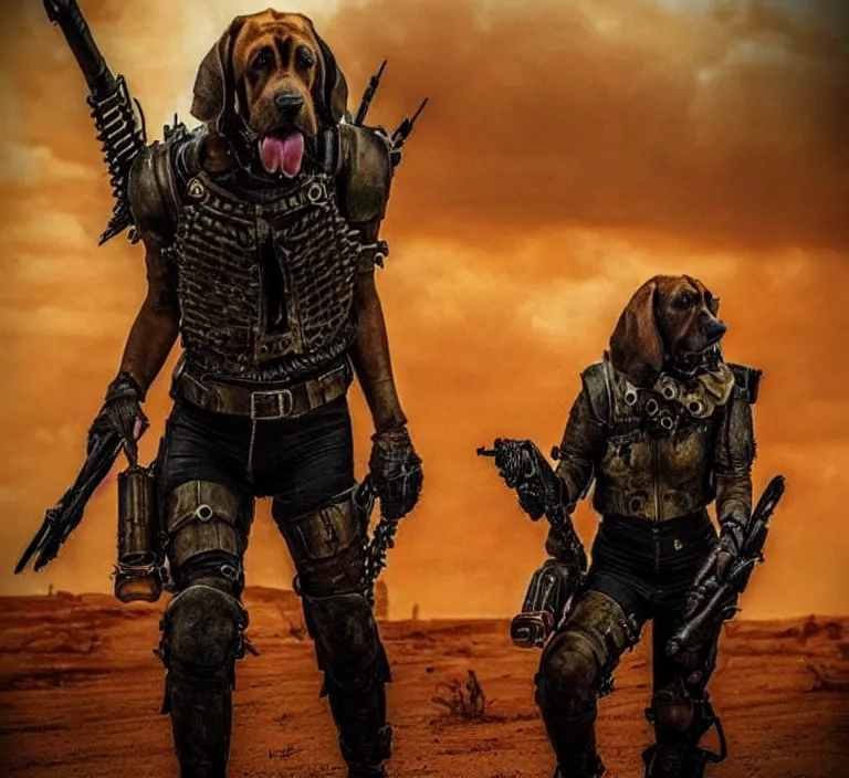 Image similar to a good ol'bloodhound pup fursona ( from the furry fandom ), heavily armed and armored facing down armageddon in a dark and gritty version from the makers of mad max : fury road. witness me.