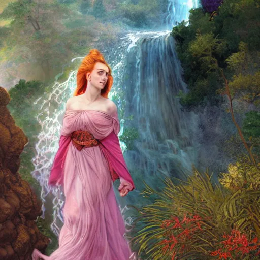 Image similar to a highly detailed byzantine painting of scarlett johansson and emma watson as red haired queens walking through a waterfall in a gossamer purple dress, epic fantasy, stormy night, viewed in profile from far away, ultrawide lens, art by artgerm and greg rutkowski and alphonse mucha, volumetric lighting, 4 k resolution, trending on artstation, masterpiece