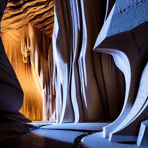 Prompt: cathedrals of carved stone in a canyon grotto, shiny layered geological strata,ground mist swirling vortexes,granular detail, by Sparth and Greg Rutkowski, hypermaximalist,micro details, 3d sculpture,f32,deep depth of field,cinematic lighting,digital rendering,photographic, wide angle,octane render , 4k, artstation, concept art, 35mm, graflex, color film photography,