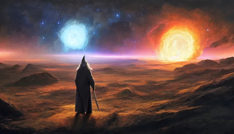 Image similar to a beautiful painting of gandalf watching a supernova in the sky of an alien world, ray traced lighting by jean kalin popov and greg rutkowski